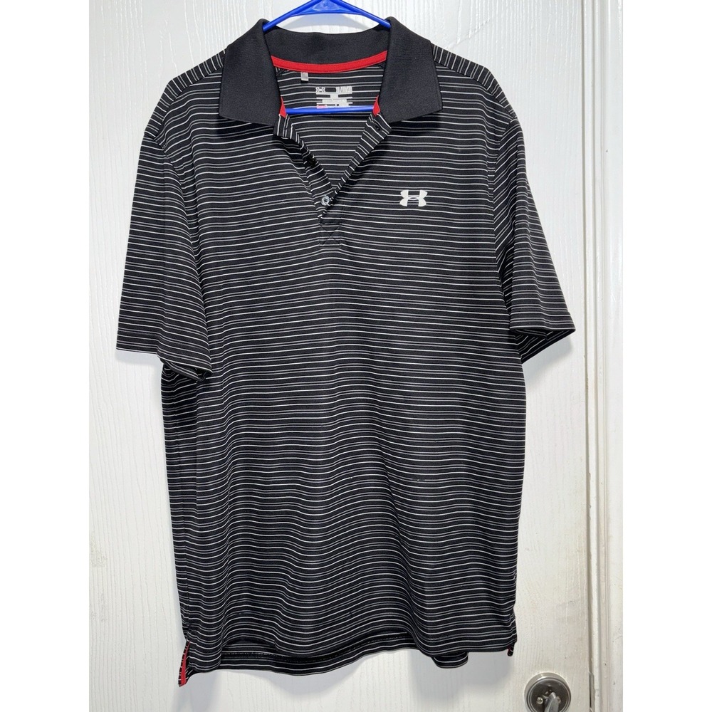 Under Armour Polo Mens XL Black Striped Loose Heatgear Golf Performance‎